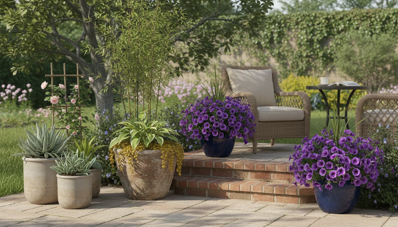 Small patio corner with a formal symmetrical arrangement of two identical blue pots with purple petunias flanking steps, contrasted by an asymmetrical