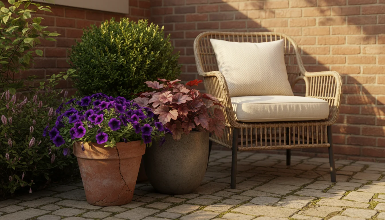 A small patio corner featuring vibrant purple petunias, a deep purple Heuchera, and a dwarf boxwood in various containers, hinting at year-round seaso