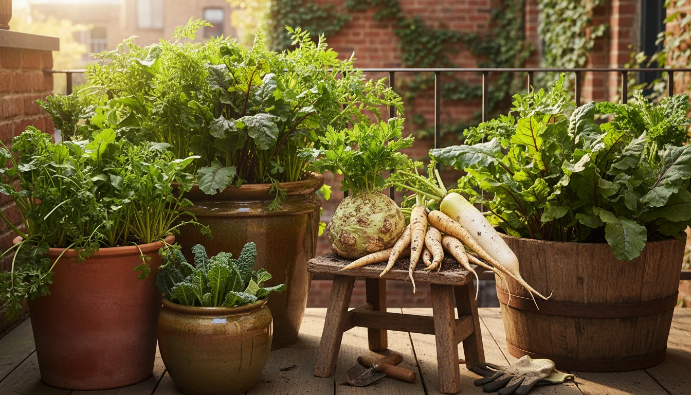 A small patio features deep pots with root vegetable foliage. Harvested celeriac, parsnip, and daikon radish rest on a stool.