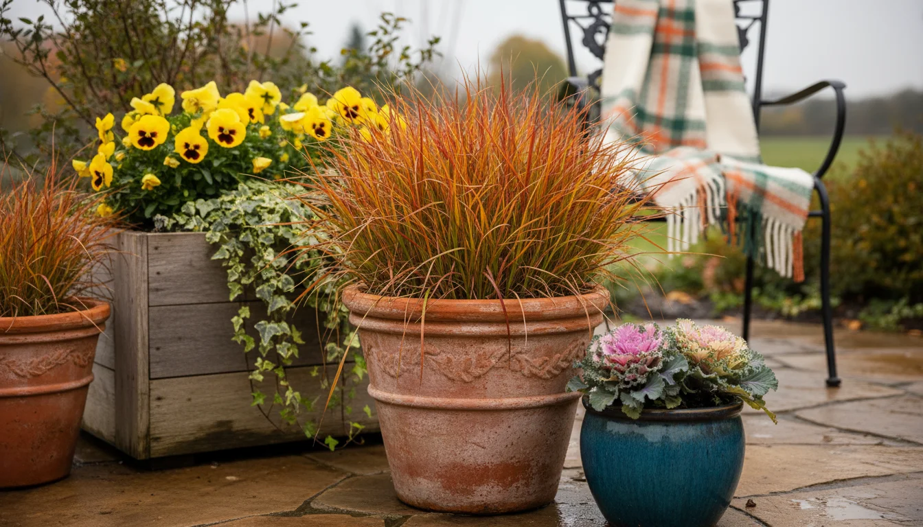 A small patio features several container gardens. The largest pot holds Little Bluestem grass with fiery orange and red fall colors.