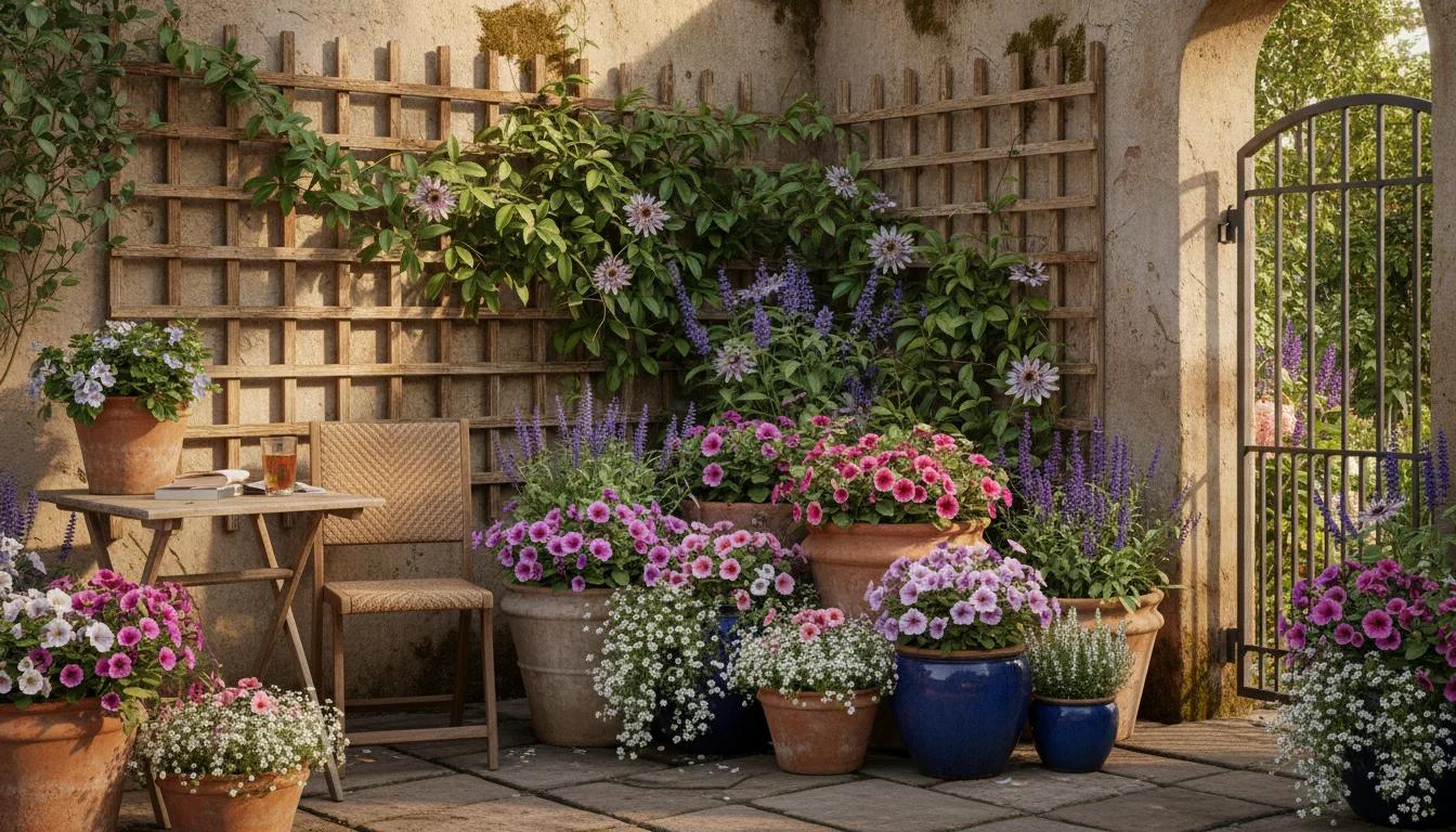 Small patio garden corner with a vining passionflower on a trellis, clustered pots of petunias, salvias, and trailing alyssum.