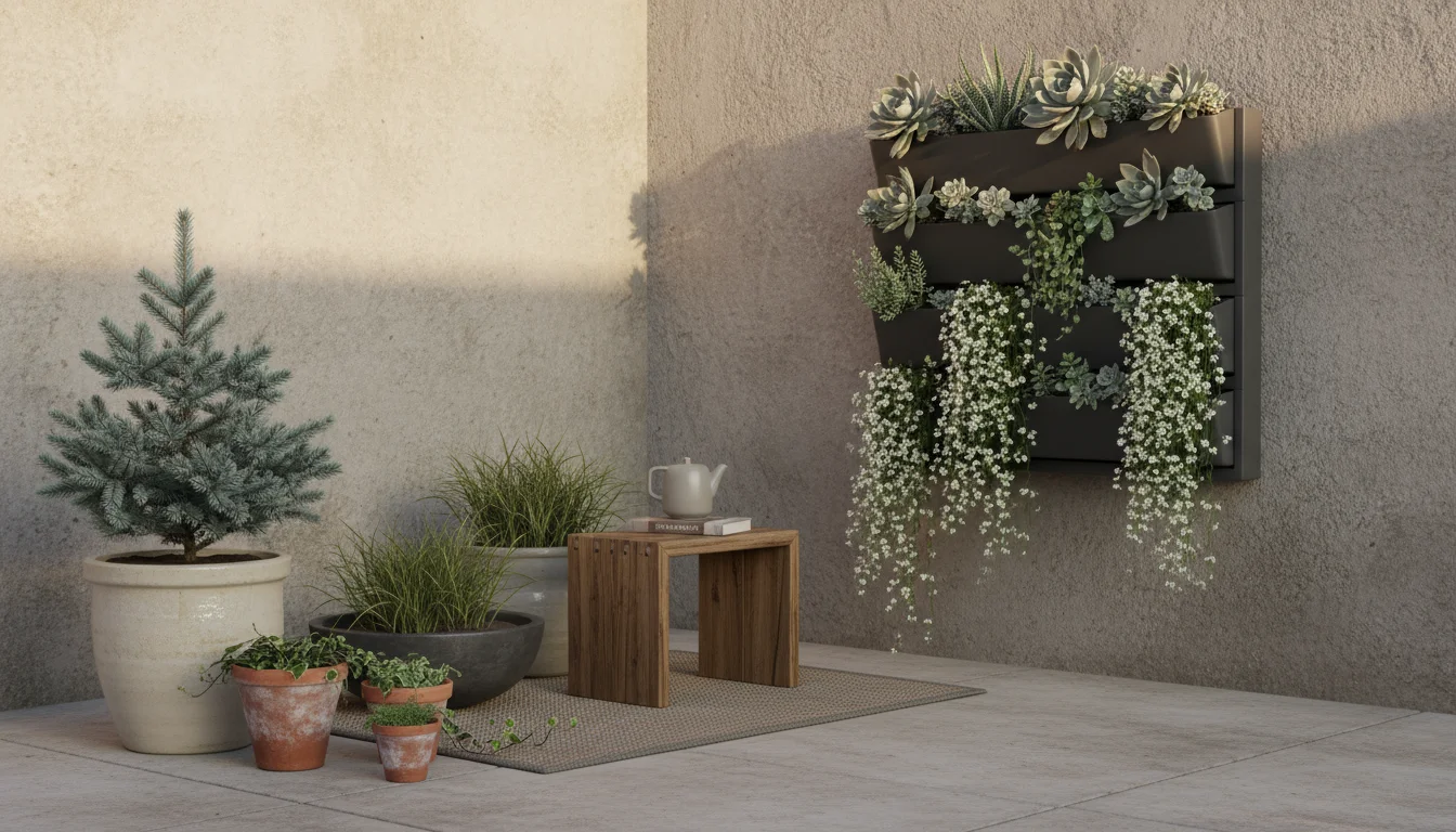 Small patio garden with gray vertical planter, dwarf blue spruce, creeping thyme, and delicate purple astilbe in various pots, bathed in soft afternoo