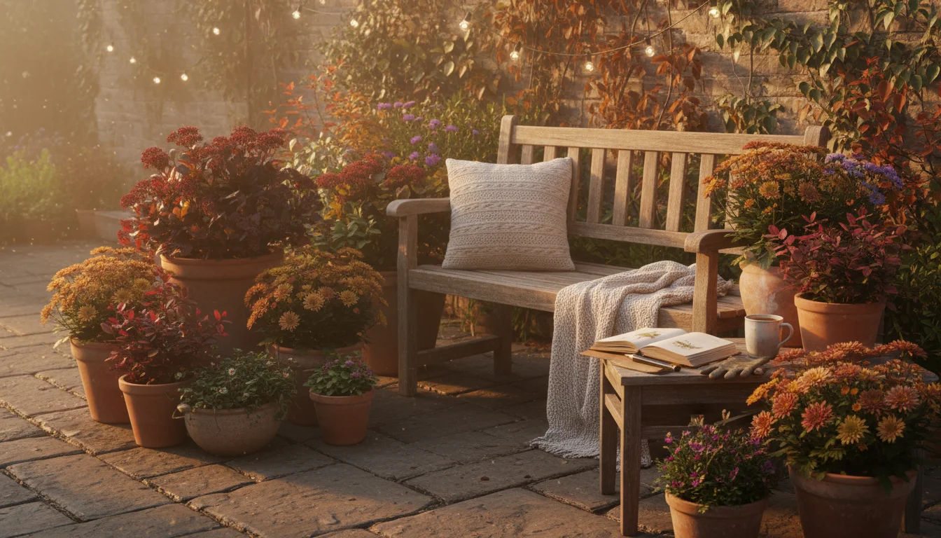 A small patio garden with various container plants, a rustic bench, and a side table with an open journal, all bathed in warm golden light.