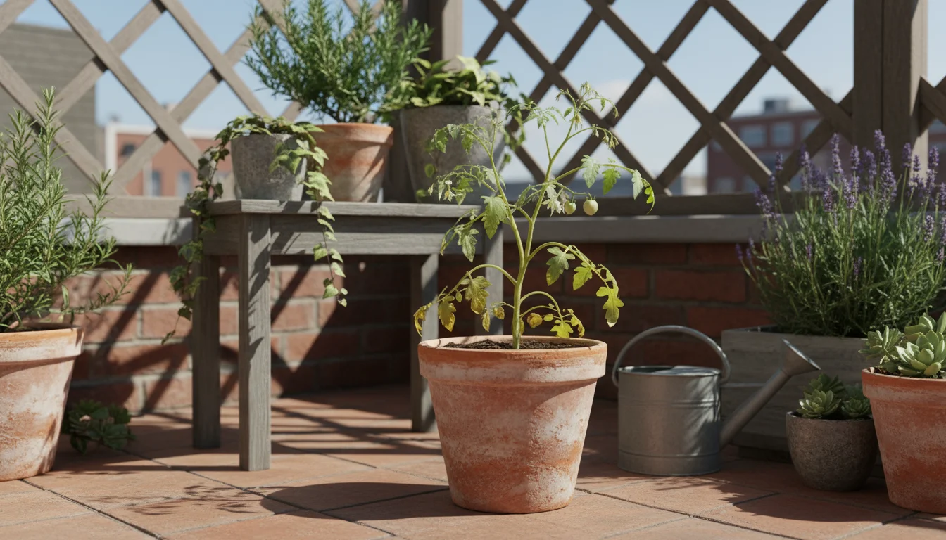 A small patio garden with various container plants showing signs of nutrient deficiency, including yellowing leaves, stunted growth, and sparse fruit.