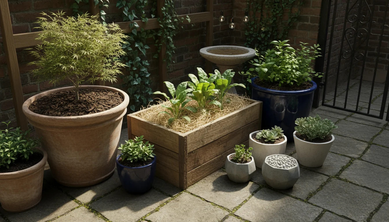 A small patio garden featuring various container pots, each utilizing a different type of mulch like shredded bark, straw, gravel, and compost.