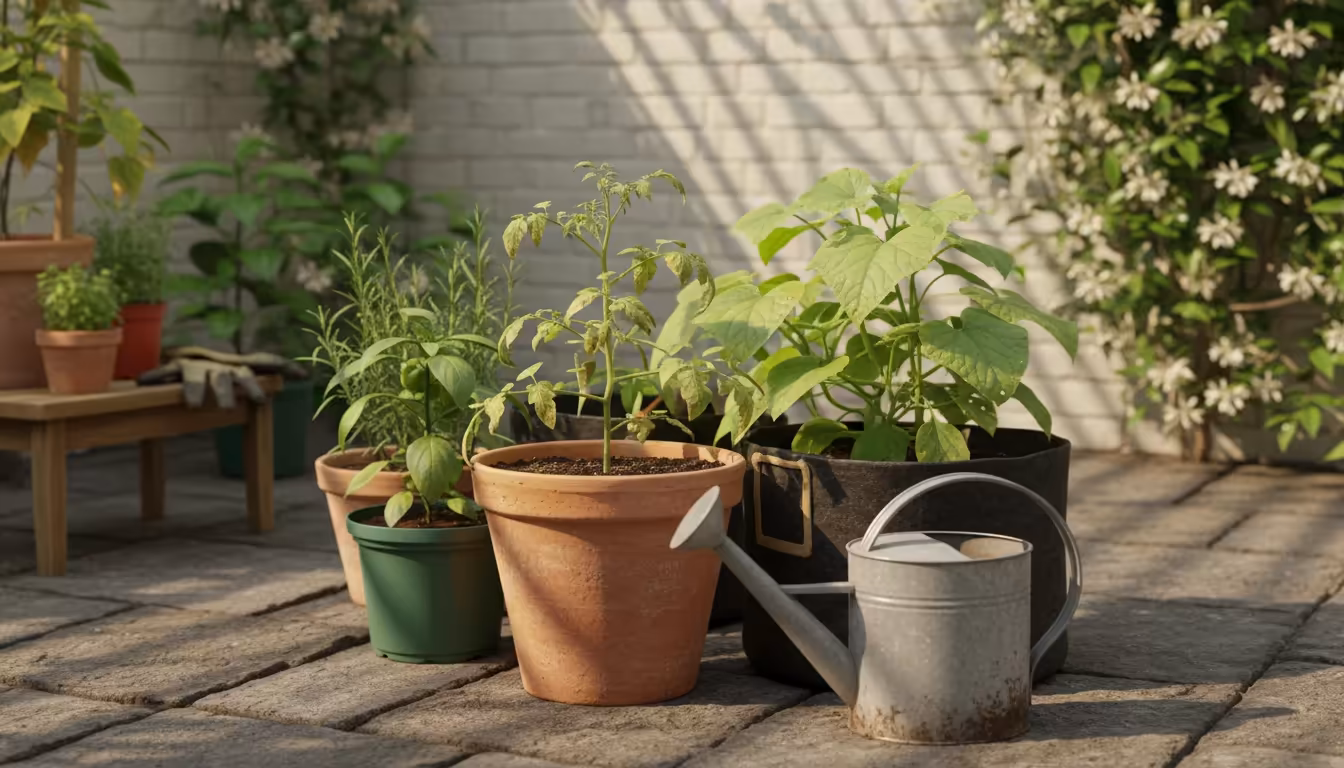 A small patio garden featuring various potted plants like tomato, cucumber, and pepper, alongside a watering can, representing common gardening questi