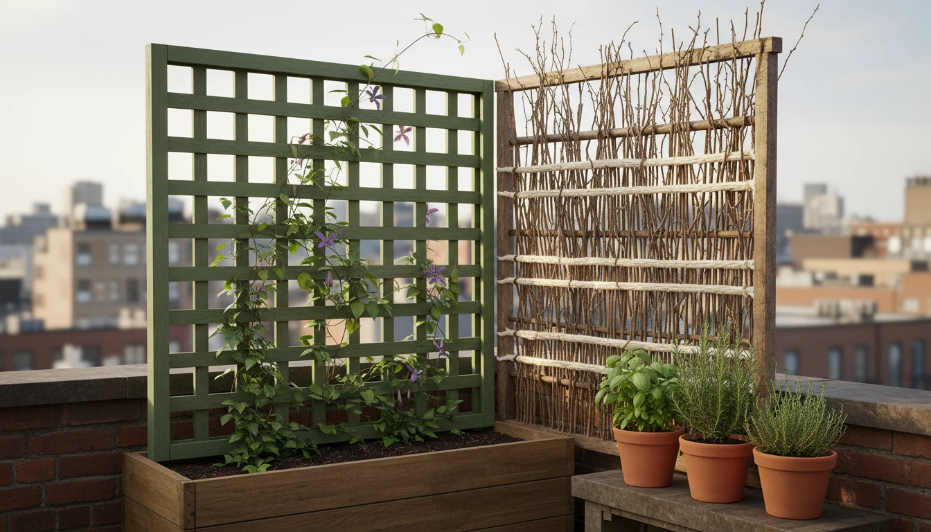 A small patio with a sage green painted lattice panel and climbing vine, next to a bamboo frame woven with dried branches, creating privacy.