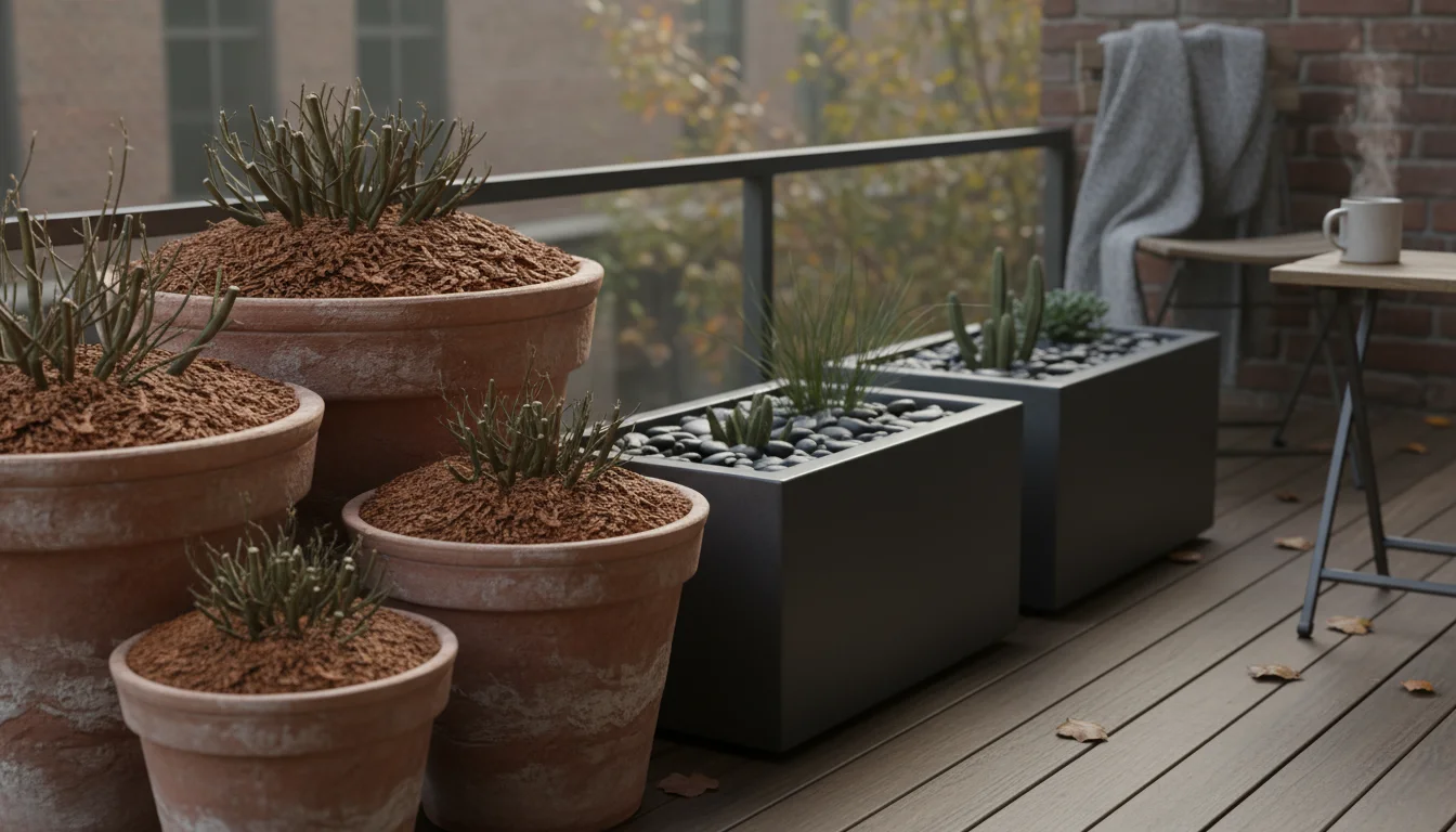 Small patio: terracotta pots with natural leaf mulch, contrasting with sleek planters featuring polished river stones for a modern look.