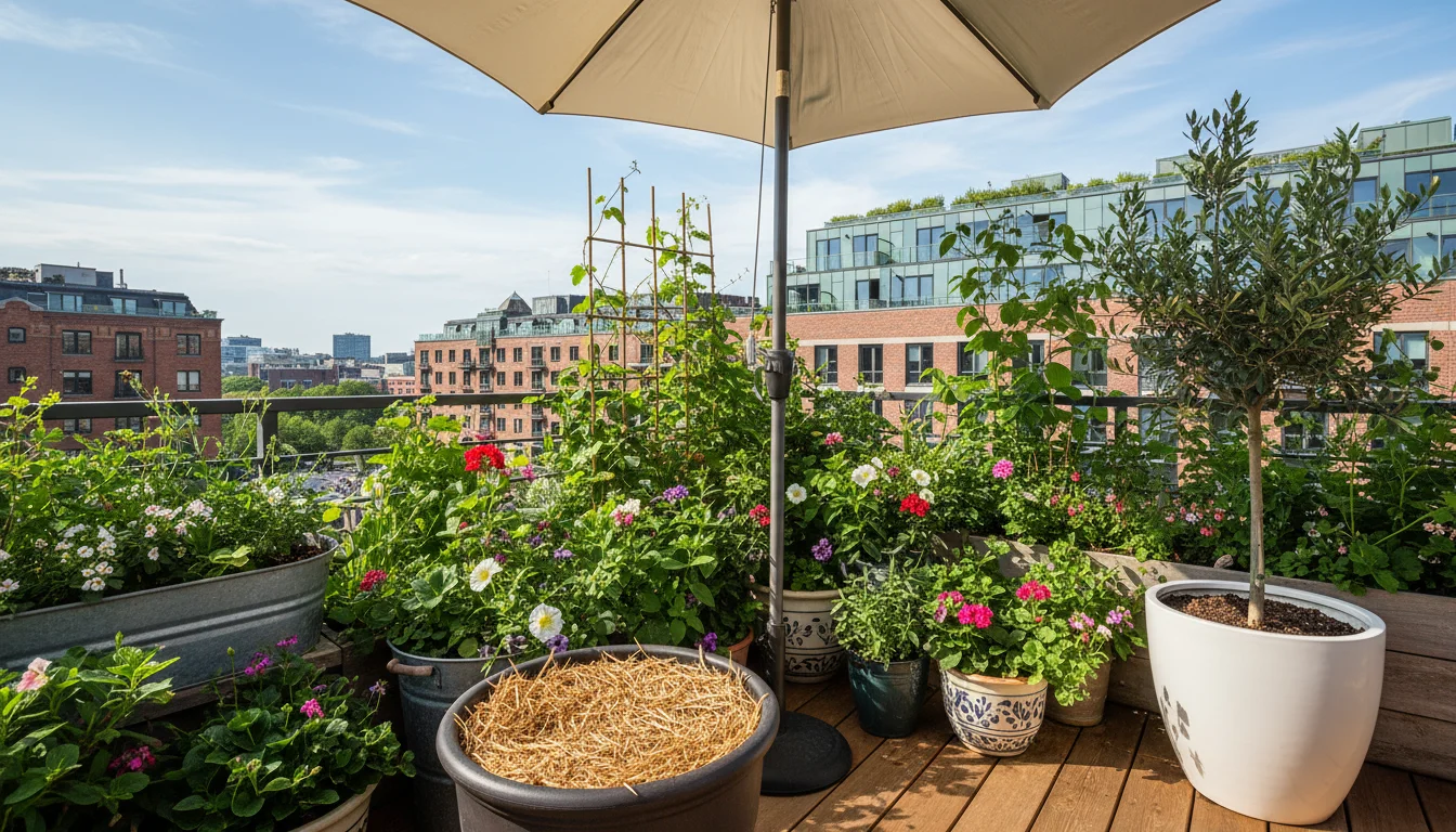 A small patio umbrella shades container plants on a sunny balcony. Mulched pots and a mix of light and dark containers are visible.