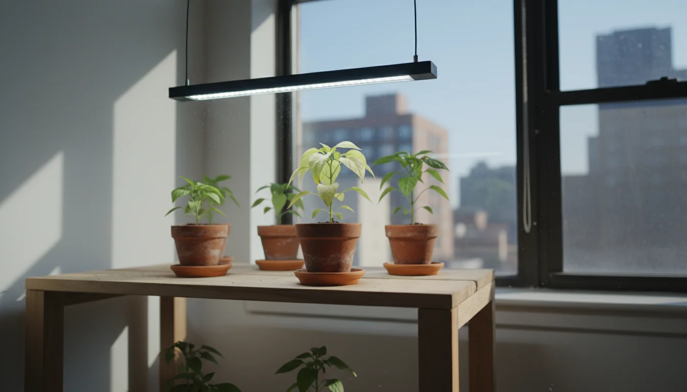 A small pepper plant with bleached, curled leaves under a bright LED grow light on an indoor shelf, indicating light stress.