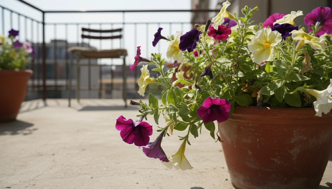A small petunia plant in a terracotta pot on a sunny balcony shows slightly drooping, dull leaves and dry, cracked soil, indicating dehydration.