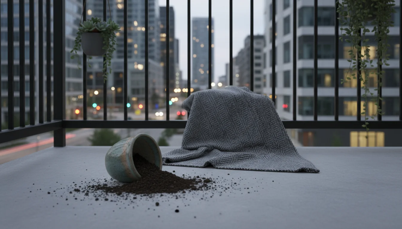 A small pile of dark soil spilled on a light grey urban balcony floor next to a partially emptied ceramic pot, with a neatly folded green tarp leaning