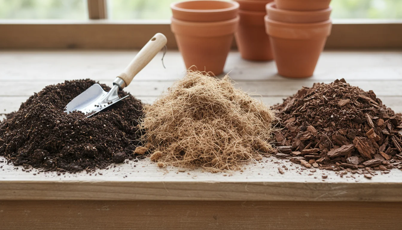 Small piles of dark compost, light coco coir, and dark bark on a wood bench with a hand trowel. Blurred terracotta pots in background.