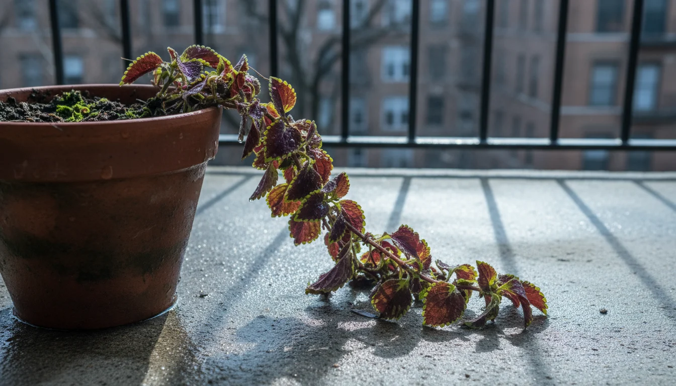 Close-up of a small plant in a terracotta pot with visibly waterlogged, dark soil and slightly drooping leaves on a cool urban balcony.
