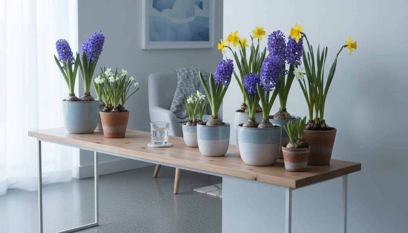 Small pots of blooming forced hyacinths, daffodils, and paperwhites on a console table, bathed in soft, indirect window light.