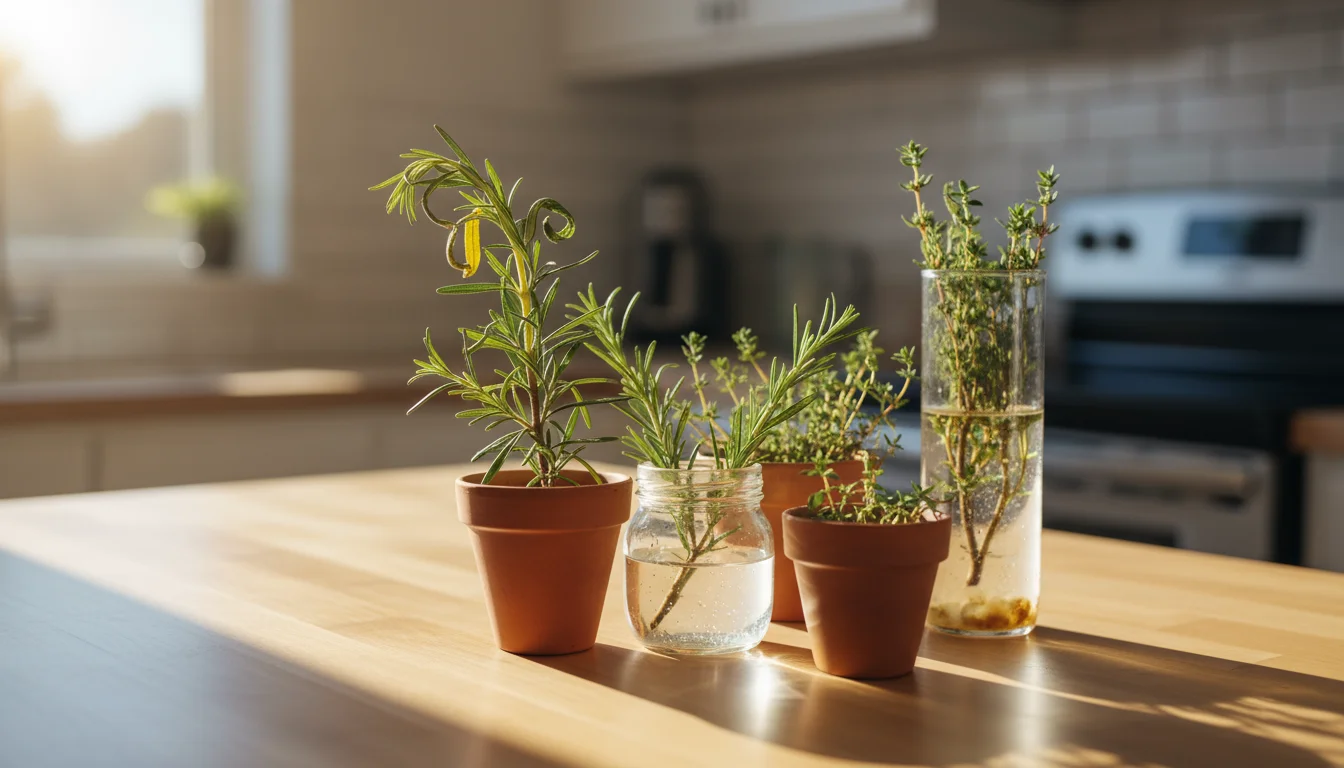 Small pots with wilting rosemary and yellowing thyme cuttings on a kitchen counter, next to a healthy cutting under a plastic dome.