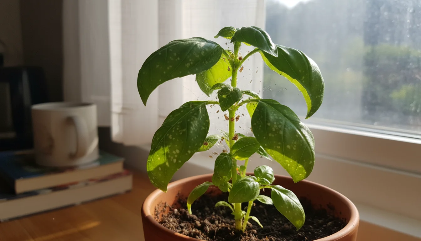 A small potted basil plant on a kitchen windowsill shows signs of spider mite damage, including fine webbing and yellow speckles on leaves.