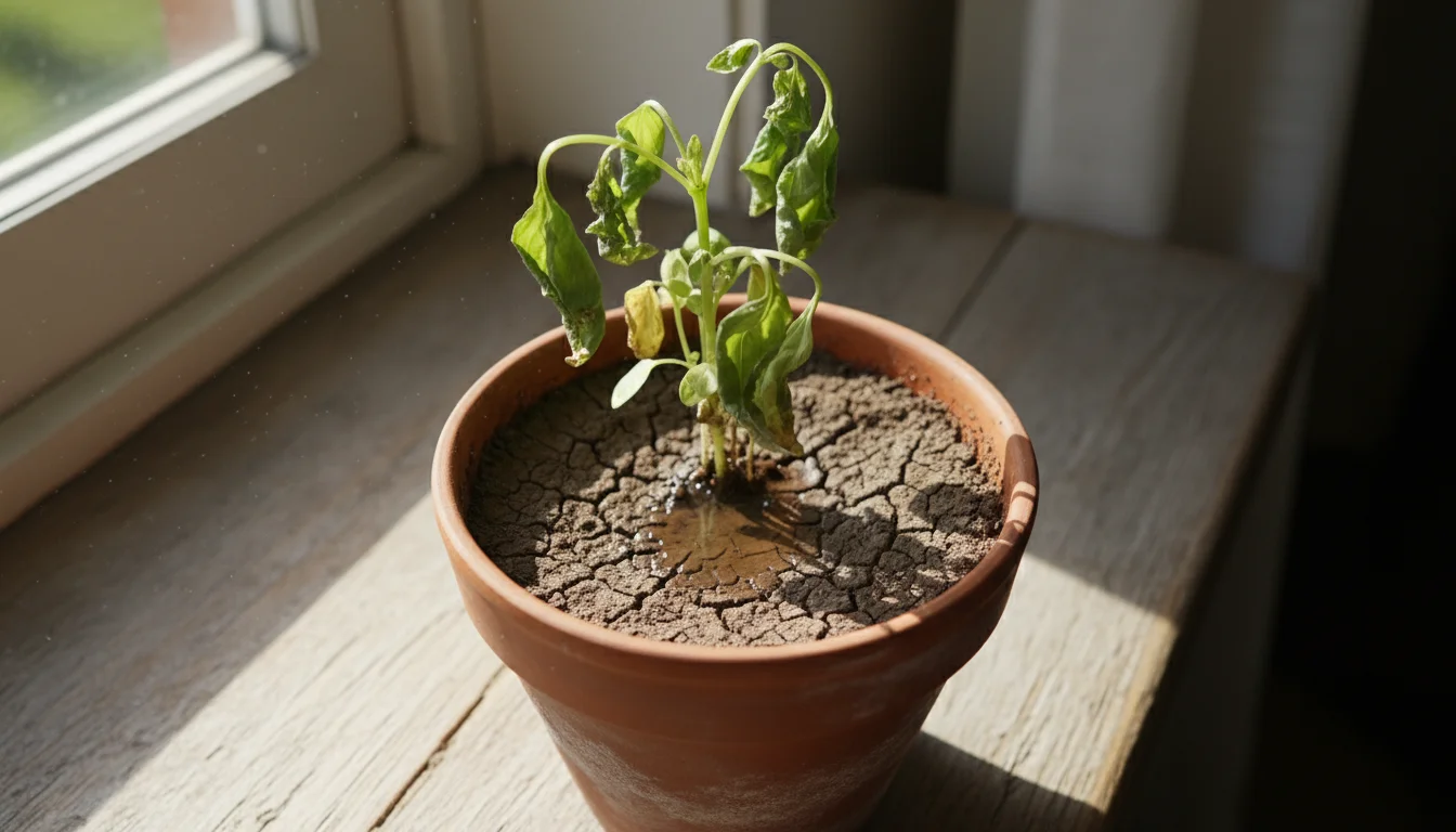 Small potted basil plant on a windowsill with compacted, dry soil, water pooling on top, and slightly droopy leaves.