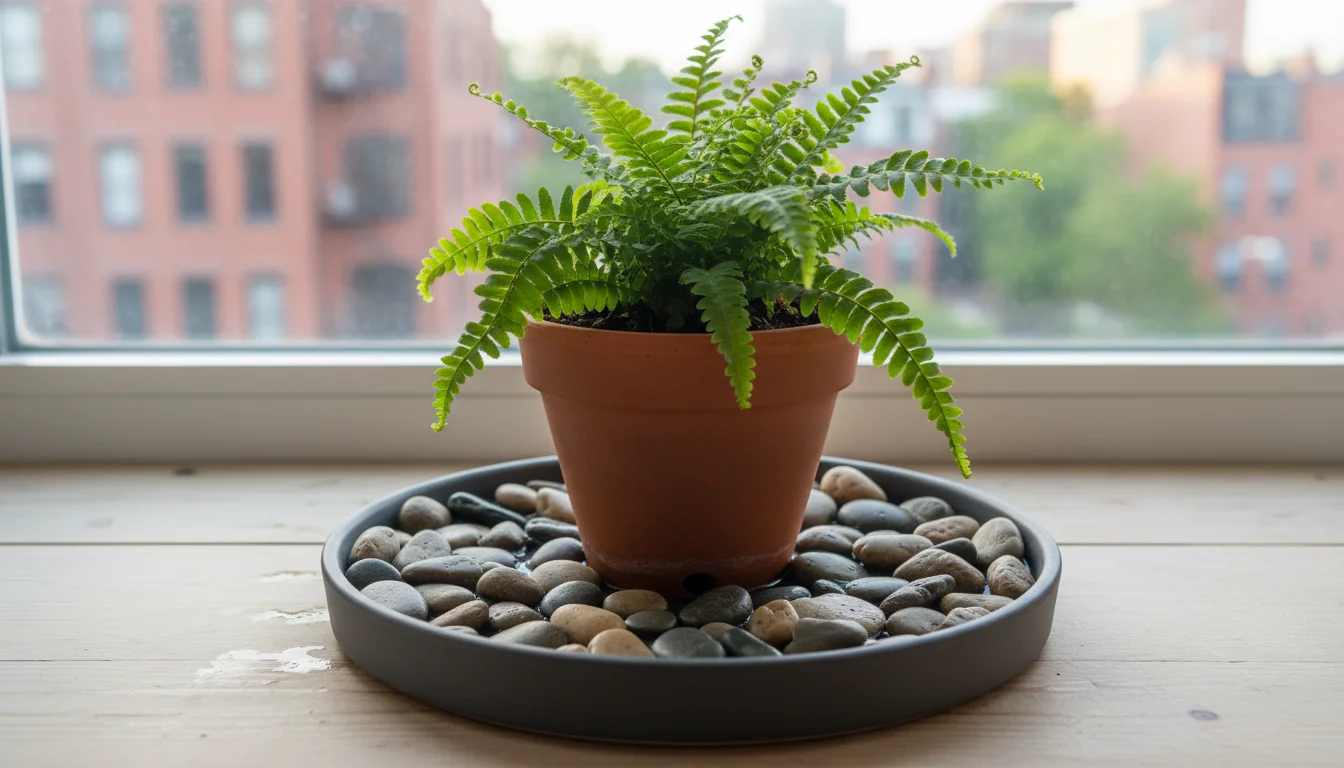 A small potted Boston fern on a dark grey pebble tray filled with river rocks and water, sitting on a wooden table.