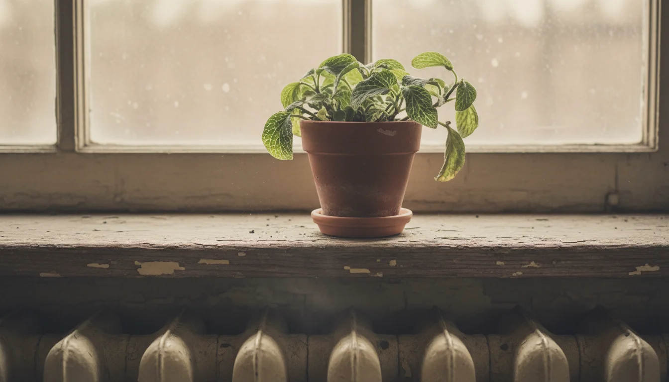 Small potted Fittonia plant on a worn wooden windowsill positioned directly above an old cast-iron radiator, showing subtle signs of leaf dryness.