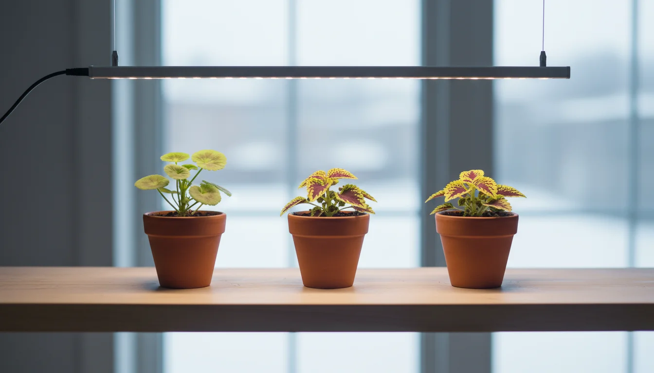 Small potted geranium and coleus cuttings sit under an LED grow light on a wooden shelf.