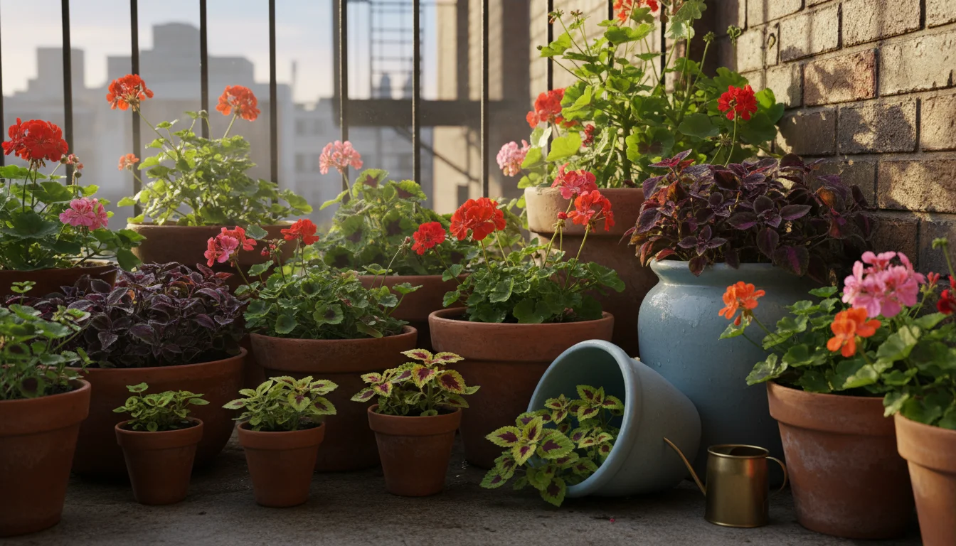 Small potted geranium and coleus plants on an urban balcony, some in dappled sun, some in shade near a wall, transitioning outdoors.