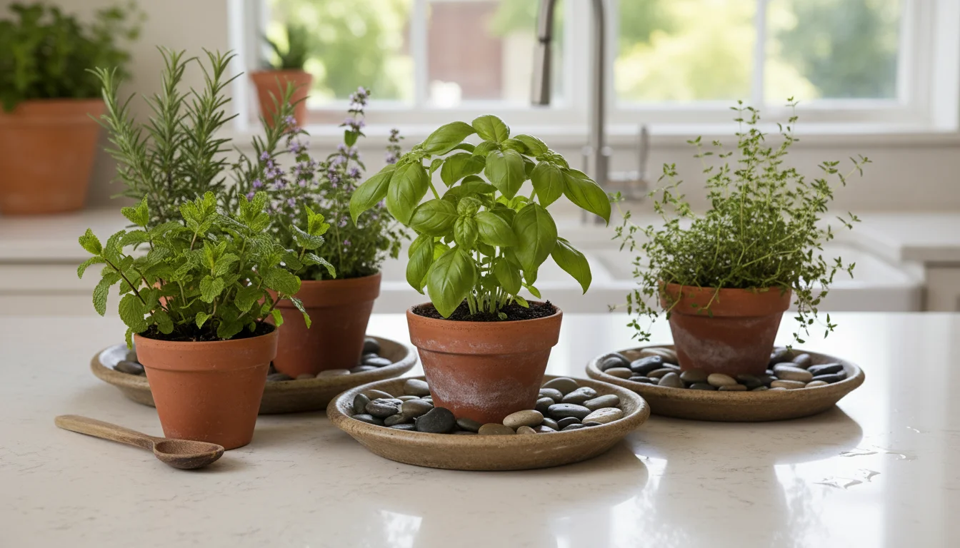 Small potted herbs like basil and thyme are grouped together on a kitchen counter, with two pots placed on pebble trays containing visible water to in