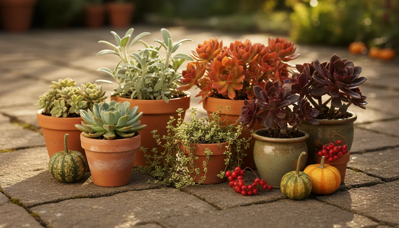 Close-up of small potted herbs and succulents in fall colors (silvery, blue-green, red, orange, purple) with mini gourds on a patio.