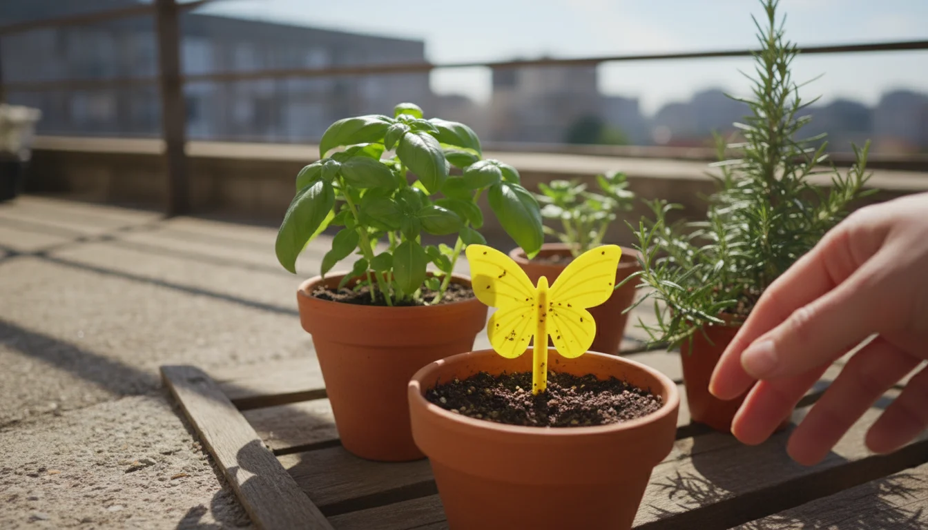 Small potted houseplants on a sunny balcony, one with a yellow sticky trap in the soil. A hand hovers over another plant.
