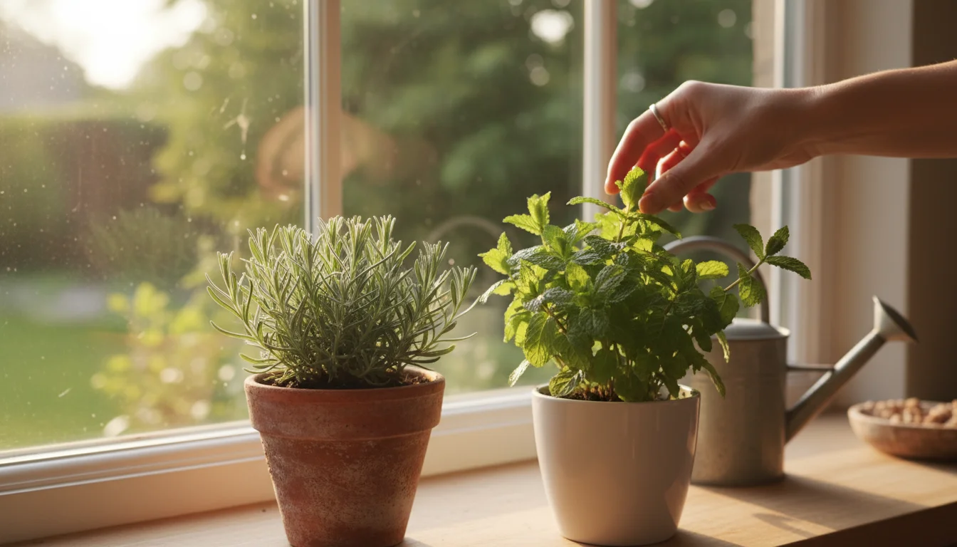 Small potted lavender and peppermint herbs on a sunny windowsill, with a hand gently cupping peppermint leaves.