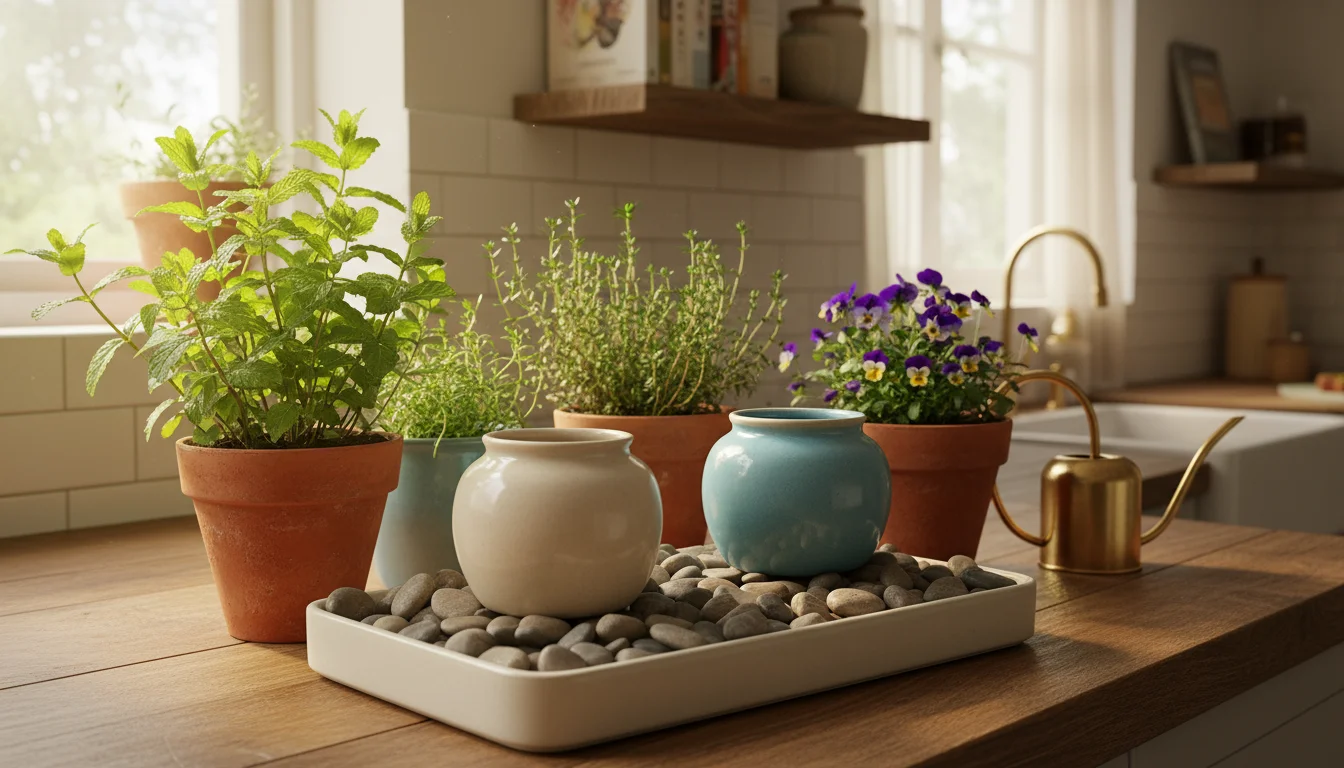 Small potted mint, thyme, and violas grouped on a kitchen counter, with some pots resting on a pebble-filled humidity tray.