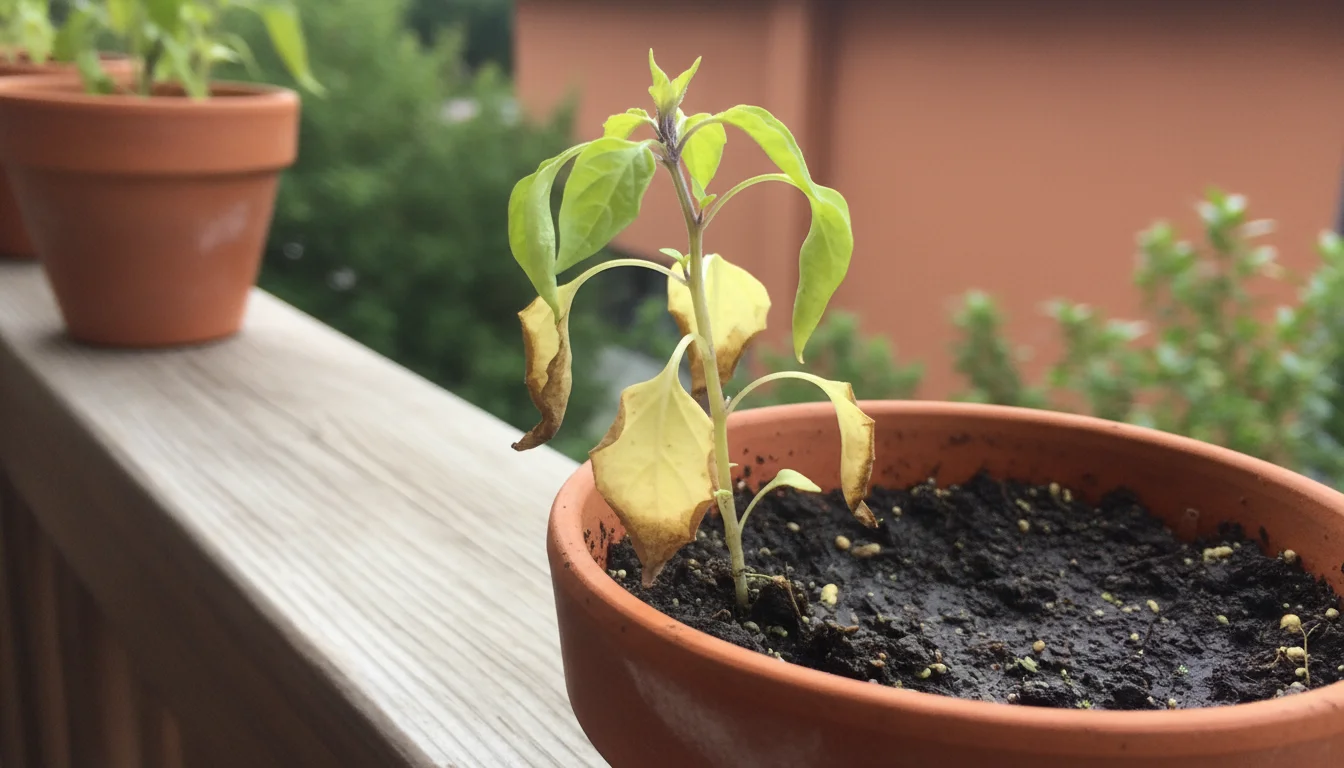 A small potted plant on a balcony railing, with yellowing lower leaves and wilted, drooping upper foliage, showing signs of severe distress.
