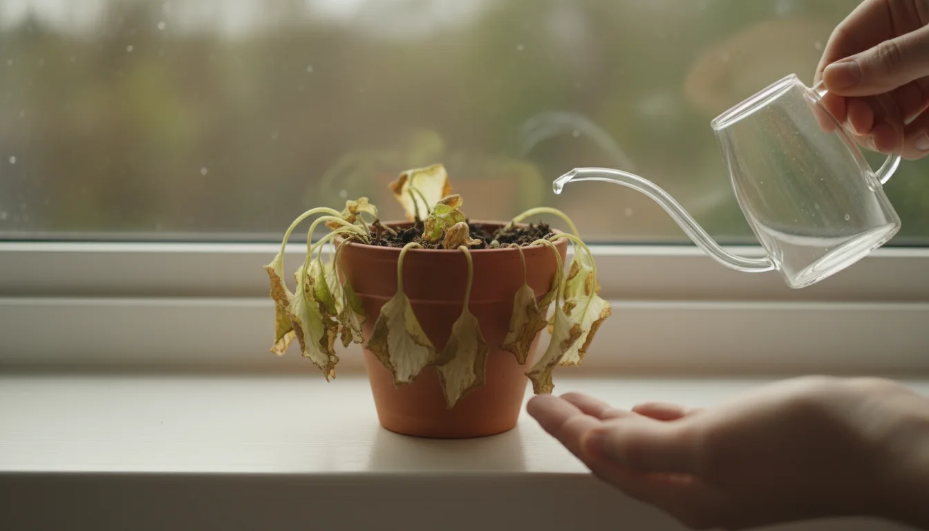 Small potted plant on a windowsill with drooping and yellowing leaves, a person's hand gently inspecting it.
