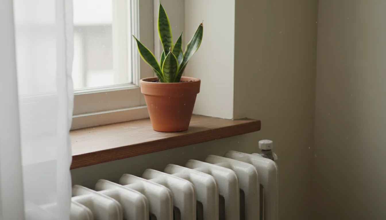 Small potted Pothos plant on a windowsill above a radiator, showing subtle dry leaf edges from indoor heat.