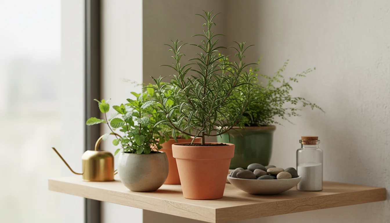 Small potted rosemary plant on a dark pebble tray with visible water, grouped closely with other indoor herbs and a fern on a wooden shelf.