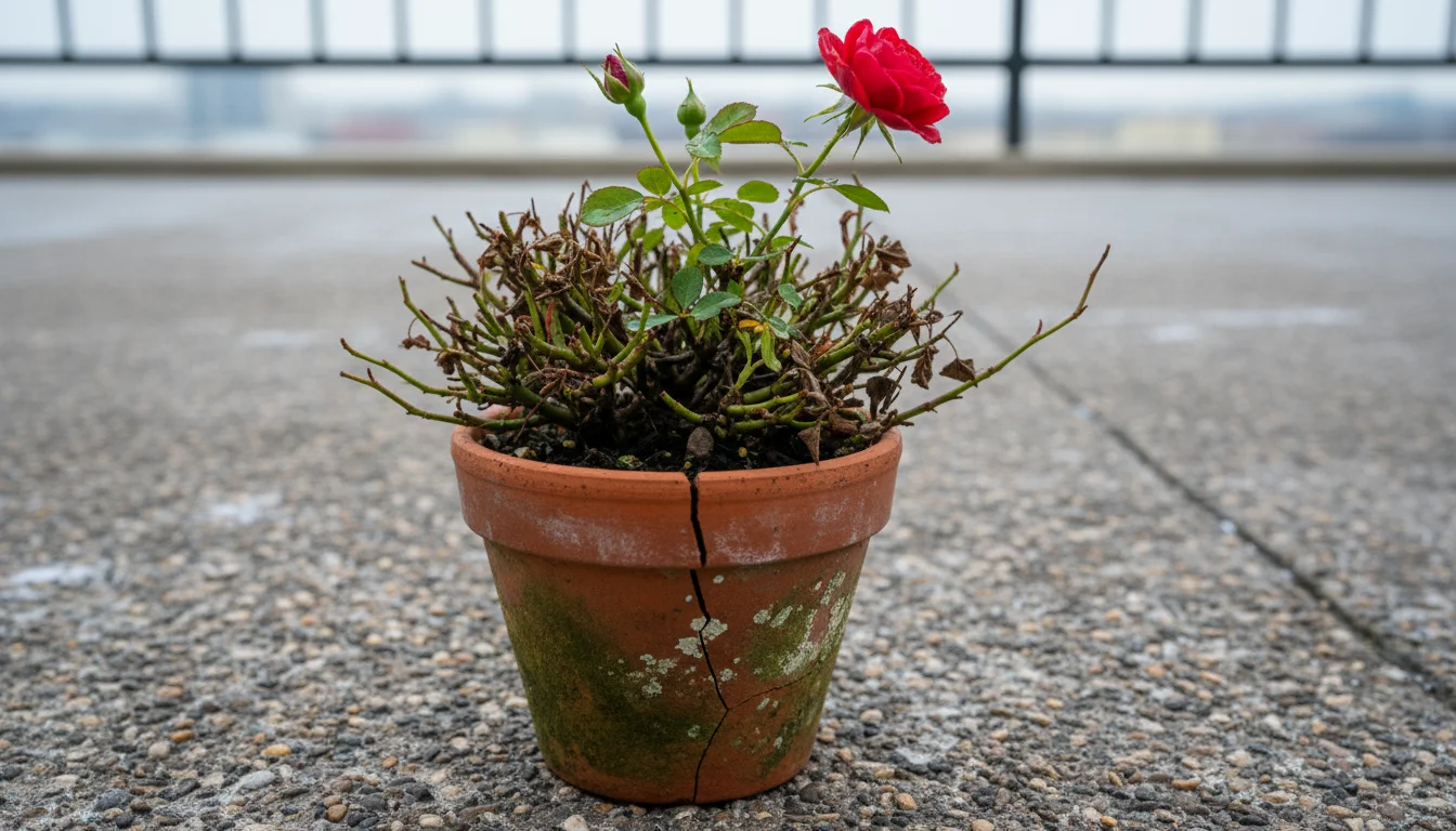 Close-up of a small potted rosemary plant showing fragile, pale, elongated new growth during late winter.