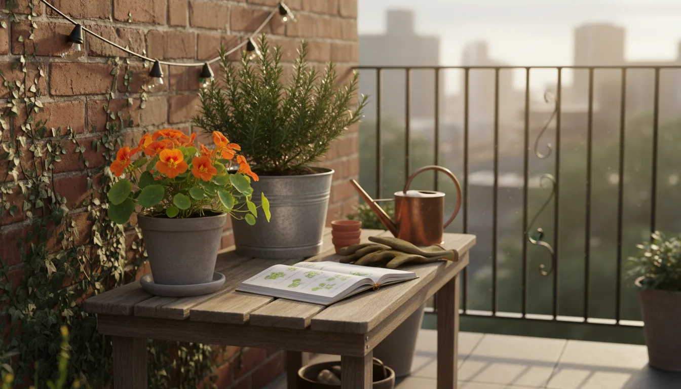A small potting bench on a patio holds potted nasturtium and rosemary plants, alongside gardening gloves, an open journal, and a smartphone showing a