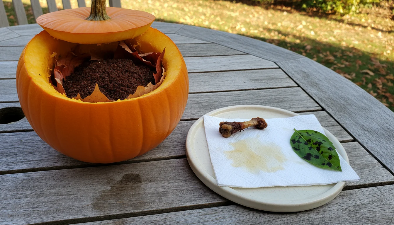 A small pumpkin compost bin on a patio table, next to a chicken bone, a greasy paper towel, and a spotted basil leaf.