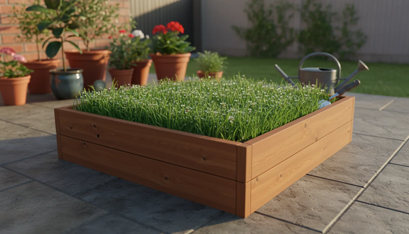 Small raised garden bed on a patio covered with lush green cover crops, with other container plants in the soft background.