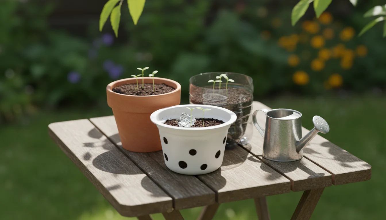 Small repurposed pots with damp seed-starting mix and tiny green sprouts sit on a windowsill with handwritten labels.