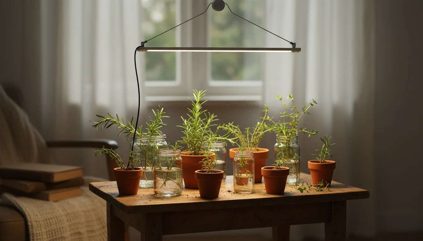 Small rosemary and thyme cuttings in terracotta pots and glass jars, illuminated by an overhead LED grow light and soft natural window light on a wood