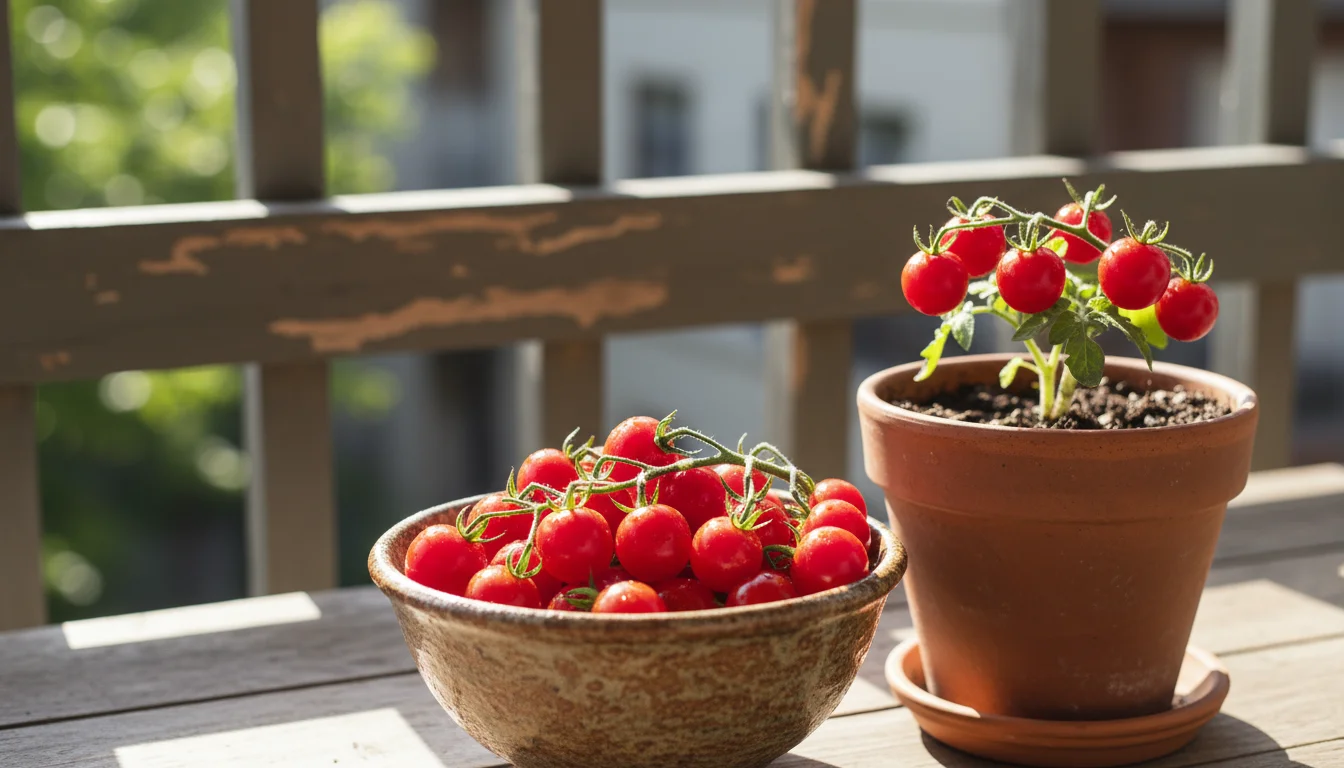Small rustic bowl overflowing with vibrant red micro-tomatoes next to a compact plant in a terracotta pot on a sun-dappled balcony.