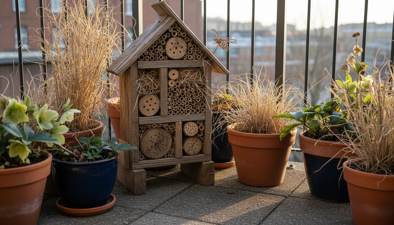 A small, rustic bug hotel sits snugly among various potted plants on a paved balcony corner, catching low winter sun.