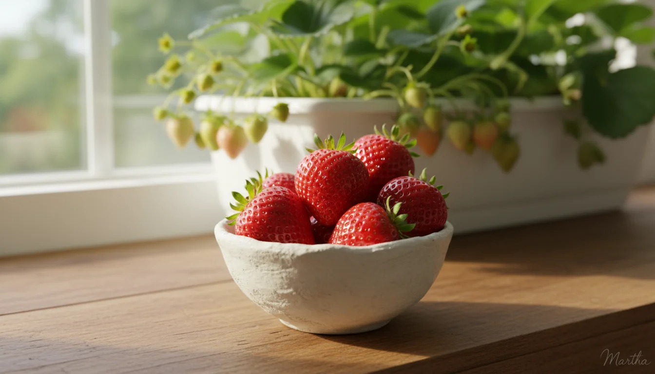 A small rustic ceramic bowl of bright red strawberries sits on a wooden windowsill, with blurred green strawberry plants behind it.