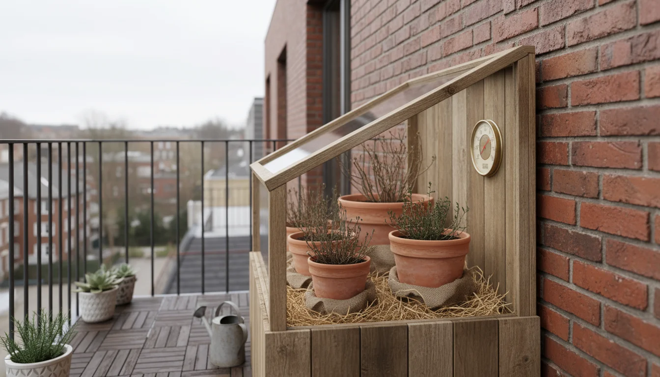 Small rustic cold frame on an urban balcony housing dormant potted plants, with a thermometer showing 5°C.