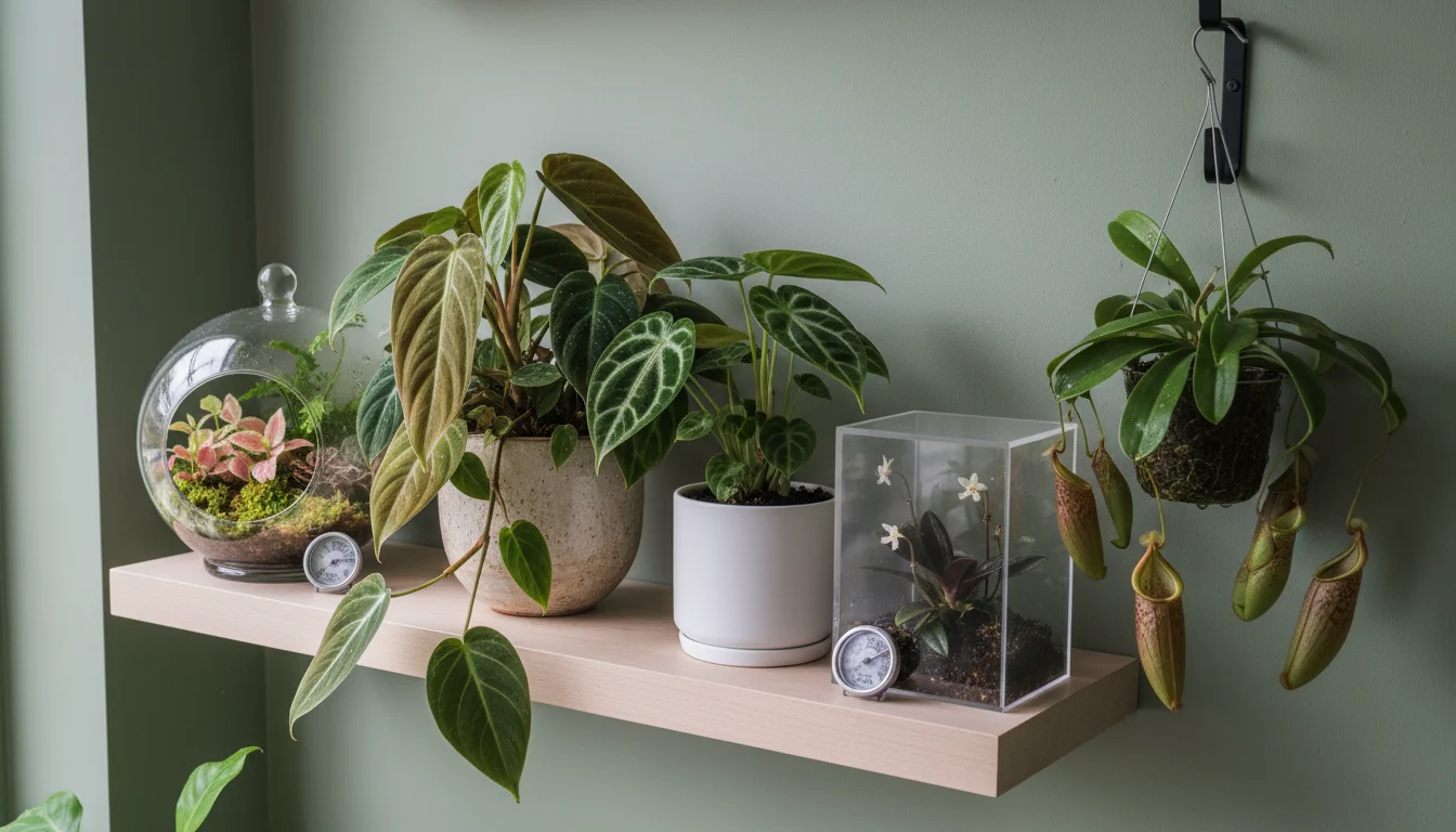 A small sealed glass terrarium, a rare Alocasia plant under a lifted glass cloche, and a lit plant cabinet with aroids on a wooden shelf.