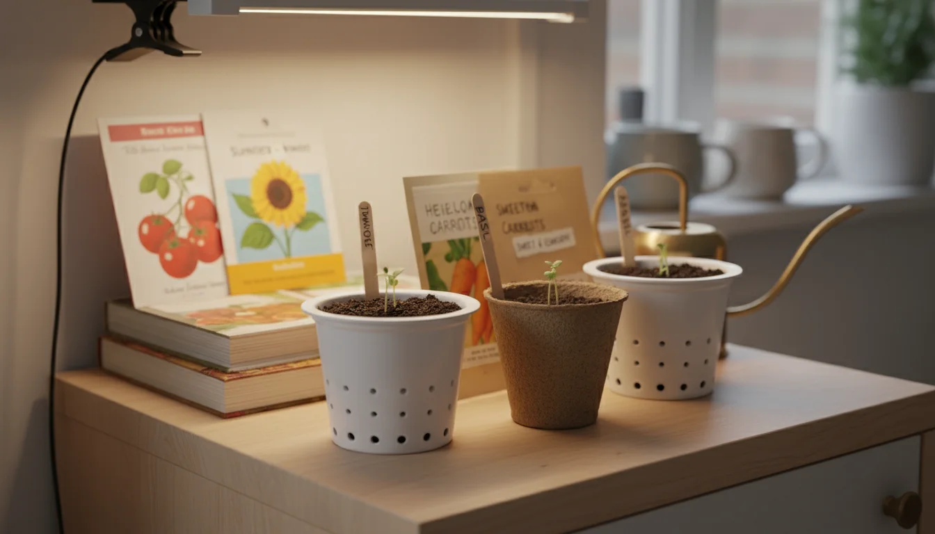 Close-up of small seed-starting containers on a counter: repurposed yogurt cups, a peat pot with soil, and seed packets with labels.