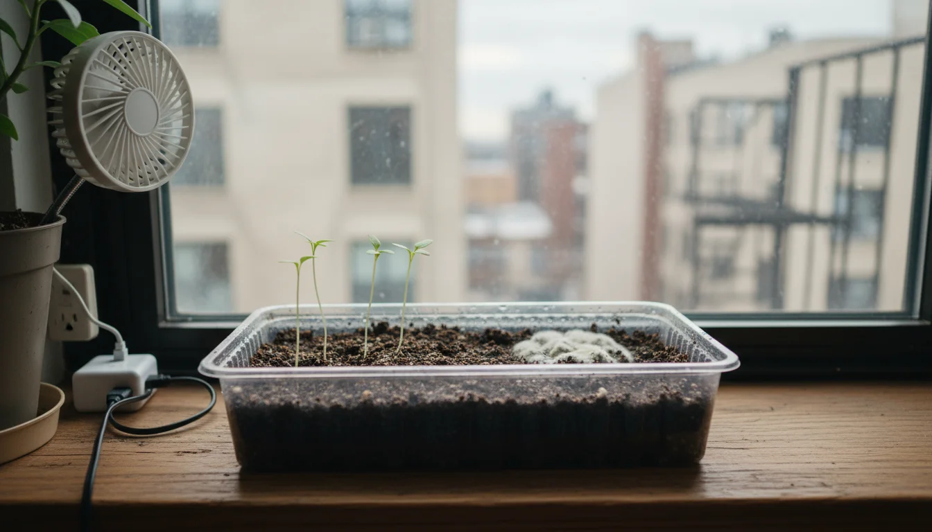 Small seed-starting tray on a windowsill with a faint patch of white mold on the soil, and a tiny USB fan nearby for air circulation.