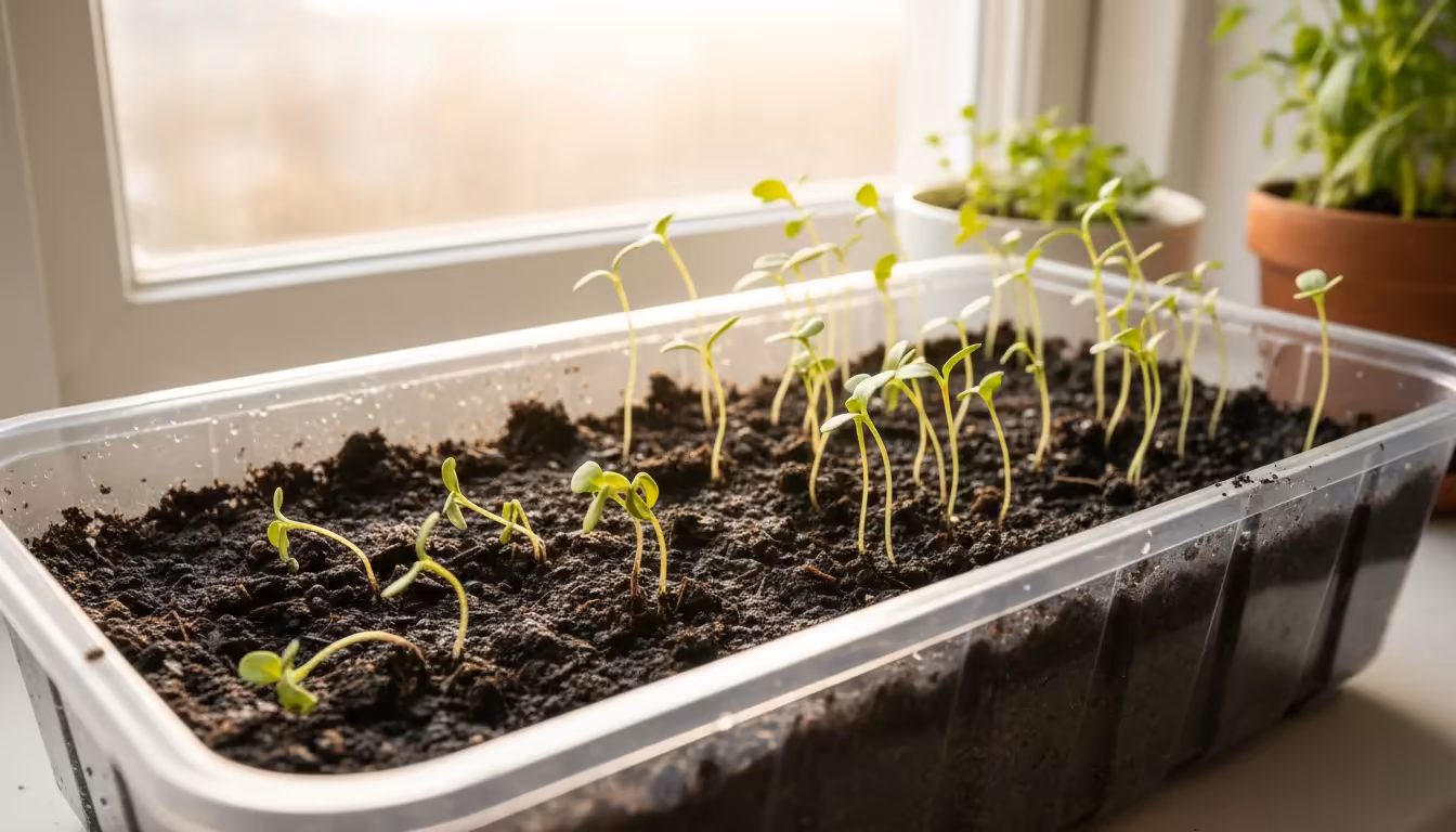 Close-up of a small seed tray on a windowsill showing several healthy green seedlings and a few that have toppled over with pinched stems.