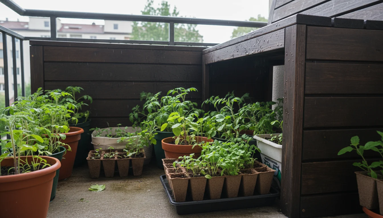 Small seedlings in trays, sheltered by an outdoor bench on an urban balcony. A gardener's gloved hands gently adjust a tray on an overcast day.